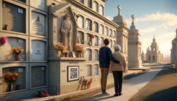 Imagen horizontal hiperrealista de un joven acompañando a su madre o padre ancianos mientras miran una lápida colocada en una pared de nichos. La lápida conmemora a un familiar fallecido y presenta un pequeño código QR y una foto del familiar. El escenario es el cementerio de Alcalá de los Gazules en Cádiz, con una arquitectura y un entorno distintivos. El ambiente es sombrío y respetuoso, con flores y homenajes colocados alrededor del nicho. El cielo está despejado con algunas nubes, creando un escenario tranquilo. https://www.lapidas.top/