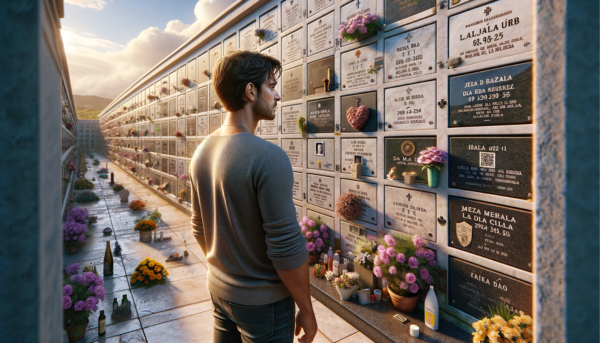 Imagen horizontal hiperrealista de un joven, de entre 25 y 35 años, mirando una lápida en un muro de hornacinas del cementerio de Alcalá del Valle, Cádiz. La lápida tiene un pequeño código QR y una foto de un familiar fallecido. El joven, de pie, reflexiona solemnemente sobre el recuerdo de su amada. La pared de nichos está bien mantenida, con flores y otros homenajes alrededor. El escenario es respetuoso y pacífico, bajo un cielo azul claro con algunas nubes esponjosas. https://www.lapidas.top/