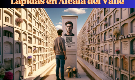 Imagen horizontal hiperrealista de un joven, de entre 25 y 35 años, mirando una lápida en un muro de hornacinas del cementerio de Alcalá del Valle, Cádiz. La lápida tiene un pequeño código QR y una foto de un familiar fallecido. El joven, de pie, reflexiona solemnemente sobre el recuerdo de su amada. La pared de nichos está bien mantenida, con flores y otros homenajes alrededor. El escenario es respetuoso y pacífico, bajo un cielo azul claro con algunas nubes esponjosas. https://www.lapidas.top/