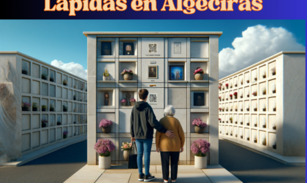 Imagen horizontal hiperrealista de un joven acompañando a su madre o padre ancianos, ambos mirando una lápida en una pared de nichos. La lápida tiene un pequeño código QR y una foto de un familiar fallecido. La escena está ambientada en el cementerio de Algeciras, Cádiz. El joven y el padre anciano están muy juntos, y el joven ofrece apoyo. Los alrededores son tranquilos, con flores cuidadosamente dispuestas y una atmósfera tranquila, bajo un cielo azul claro con algunas nubes esponjosas. https://www.lapidas.top/