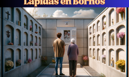 Una imagen horizontal hiperrealista de un joven acompañando a su madre/padre anciano, mirando la lápida de un familiar fallecido. La lápida está colocada en una pared de nichos, con un pequeño código QR y una foto del difunto. La escena está ambientada en el cementerio de Bornos, Cádiz. El joven y el padre anciano reflexionan solemnemente sobre la memoria de su ser querido. El muro del cementerio está bien mantenido, con flores y homenajes alrededor. El ambiente es tranquilo y respetuoso, bajo un cielo azul claro con algunas nubes esponjosas. https://www.lapidas.top/