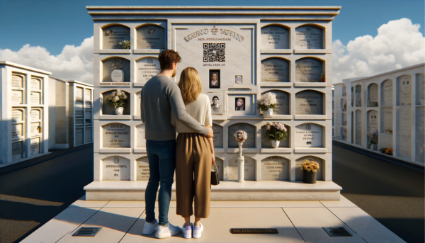 Imagen horizontal hiperrealista de una pareja joven, de entre 35 y 40 años, mirando una lápida en un muro de hornacinas del cementerio de Chiclana de la Frontera, Cádiz. La lápida presenta un pequeño código QR y una fotografía de un familiar fallecido. La pareja parece solemne y reflexiva mientras presentan sus respetos. La pared de nichos está bien mantenida, con flores y otros homenajes alrededor. La escena es pacífica, con cielos azules y despejados y algunas nubes esponjosas de fondo, que capturan la atmósfera respetuosa y serena del cementerio. https://www.lapidas.top/