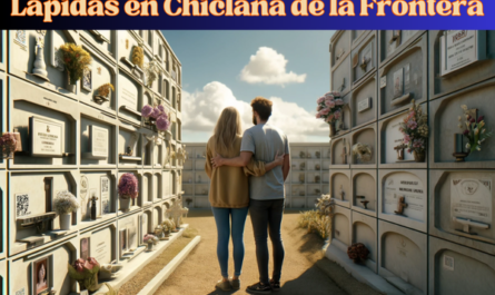 Imagen horizontal hiperrealista de una pareja joven, de entre 35 y 40 años, mirando una lápida en un muro de hornacinas del cementerio de Chiclana de la Frontera, Cádiz. La lápida presenta un pequeño código QR y una fotografía de un familiar fallecido. La pareja parece solemne y reflexiva mientras presentan sus respetos. La pared de nichos está bien mantenida, con flores y otros homenajes alrededor. La escena es pacífica, con cielos azules y despejados y algunas nubes esponjosas de fondo, que capturan la atmósfera respetuosa y serena del cementerio. https://www.lapidas.top/