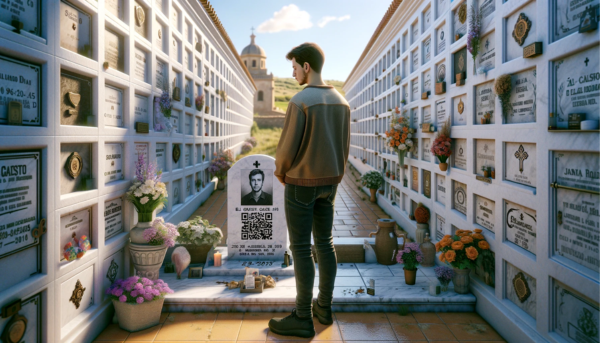 Imagen horizontal hiperrealista de un joven, de entre 25 y 35 años, mirando una lápida sobre una pared de hornacinas en un cementerio de El Gastor, Cádiz. La lápida presenta un pequeño código QR y una fotografía de un familiar fallecido. El joven está de pie solemnemente, presentando sus respetos. El cementerio es tranquilo y está bien mantenido, con la arquitectura distintiva y el entorno sereno de El Gastor. Alrededor de los nichos se colocan flores y otros homenajes, y la escena se desarrolla bajo un cielo azul claro con algunas nubes. https://www.lapidas.top/