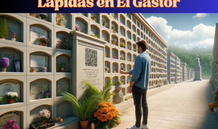 Imagen horizontal hiperrealista de un joven, de entre 25 y 35 años, mirando una lápida sobre una pared de hornacinas en un cementerio de El Gastor, Cádiz. La lápida presenta un pequeño código QR y una fotografía de un familiar fallecido. El joven está de pie solemnemente, presentando sus respetos. El cementerio es tranquilo y está bien mantenido, con la arquitectura distintiva y el entorno sereno de El Gastor. Alrededor de los nichos se colocan flores y otros homenajes, y la escena se desarrolla bajo un cielo azul claro con algunas nubes. https://www.lapidas.top/