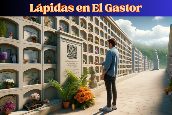 Imagen horizontal hiperrealista de un joven, de entre 25 y 35 años, mirando una lápida sobre una pared de hornacinas en un cementerio de El Gastor, Cádiz. La lápida presenta un pequeño código QR y una fotografía de un familiar fallecido. El joven está de pie solemnemente, presentando sus respetos. El cementerio es tranquilo y está bien mantenido, con la arquitectura distintiva y el entorno sereno de El Gastor. Alrededor de los nichos se colocan flores y otros homenajes, y la escena se desarrolla bajo un cielo azul claro con algunas nubes. https://www.lapidas.top/