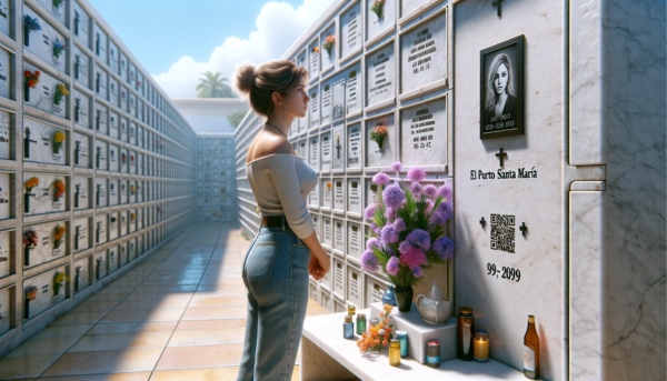 Imagen horizontal hiperrealista de una mujer joven, de unos 30 años, mirando una lápida sobre una pared de hornacinas de un familiar fallecido en el cementerio de El Puerto de Santa María, Cádiz. La lápida presenta un pequeño código QR y una foto del miembro de la familia. La mujer, de pie solemnemente, reflexiona sobre el recuerdo de su amado. La pared de nichos está bien mantenida, con flores y otros homenajes alrededor. El escenario es respetuoso y pacífico, bajo un cielo azul claro con algunas nubes esponjosas. https://www.lapidas.top/