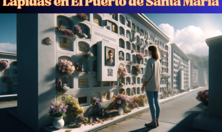 Imagen horizontal hiperrealista de una mujer joven, de unos 30 años, mirando una lápida sobre una pared de hornacinas de un familiar fallecido en el cementerio de El Puerto de Santa María, Cádiz. La lápida presenta un pequeño código QR y una foto del miembro de la familia. La mujer, de pie solemnemente, reflexiona sobre el recuerdo de su amado. La pared de nichos está bien mantenida, con flores y otros homenajes alrededor. El escenario es respetuoso y pacífico, bajo un cielo azul claro con algunas nubes esponjosas. https://www.lapidas.top/