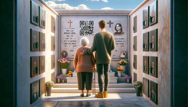 Una imagen horizontal hiperrealista de un joven acompañando a su madre o padre ancianos, mirando la lápida de un familiar fallecido. La lápida está colocada en una pared de nichos y presenta un pequeño código QR y una foto del miembro de la familia. La escena está ambientada en el cementerio de Jerez de la Frontera, Cádiz. El joven y su padre anciano están juntos, reflexionando de manera pacífica y respetuosa. El cementerio tiene una apariencia histórica y bien mantenida, con flores y tributos alrededor del nicho, y un cielo azul claro con algunas nubes esponjosas en lo alto. https://www.lapidas.top/