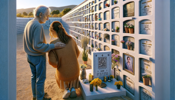 Una imagen horizontal hiperrealista de una mujer joven que acompaña a su padre anciano, ambos mirando una lápida colocada en una pared de nichos. La lápida tiene un pequeño código QR y una foto de un familiar fallecido. Se encuentran en el cementerio de Jimena de la Frontera, Cádiz. La joven sostiene suavemente a su padre, que parece sombrío. La pared de nichos está bien mantenida, con flores y otros homenajes alrededor. El escenario es tranquilo y respetuoso, con un cielo azul claro y el pintoresco entorno del cementerio. https://www.lapidas.top/