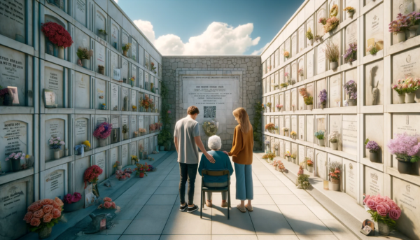 Una imagen horizontal hiperrealista de una pareja joven y un padre anciano mirando una lápida en una pared de nichos en el cementerio de La Línea de la Concepción en Cádiz. La lápida presenta un pequeño código QR y una fotografía de un familiar fallecido. El joven y la mujer, de entre 25 y 45 años, están de pie junto al padre anciano, brindándole apoyo y consuelo. El entorno es tranquilo y está bien mantenido, con flores y homenajes alrededor de los nichos. La escena captura un momento de reflexión y recuerdo bajo un cielo azul claro con algunas nubes esponjosas. https://www.lapidas.top/