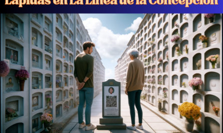 Una imagen horizontal hiperrealista de una pareja joven y un padre anciano mirando una lápida en una pared de nichos en el cementerio de La Línea de la Concepción en Cádiz. La lápida presenta un pequeño código QR y una fotografía de un familiar fallecido. El joven y la mujer, de entre 25 y 45 años, están de pie junto al padre anciano, brindándole apoyo y consuelo. El entorno es tranquilo y está bien mantenido, con flores y homenajes alrededor de los nichos. La escena captura un momento de reflexión y recuerdo bajo un cielo azul claro con algunas nubes esponjosas. https://www.lapidas.top/