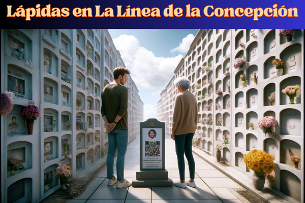 Una imagen horizontal hiperrealista de una pareja joven y un padre anciano mirando una lápida en una pared de nichos en el cementerio de La Línea de la Concepción en Cádiz. La lápida presenta un pequeño código QR y una fotografía de un familiar fallecido. El joven y la mujer, de entre 25 y 45 años, están de pie junto al padre anciano, brindándole apoyo y consuelo. El entorno es tranquilo y está bien mantenido, con flores y homenajes alrededor de los nichos. La escena captura un momento de reflexión y recuerdo bajo un cielo azul claro con algunas nubes esponjosas. https://www.lapidas.top/