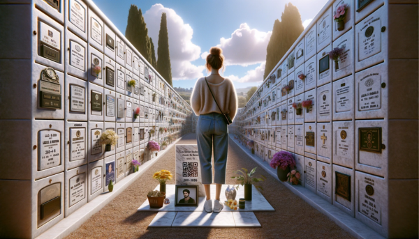 Imagen horizontal hiperrealista de una joven de entre 25 y 35 años mirando una lápida en una pared de nichos. La lápida presenta un pequeño código QR y una fotografía de un familiar fallecido. El escenario es el cementerio de Los Barrios, Cádiz. La mujer está de pie solemnemente, reflexionando sobre la pérdida. La pared de nichos está bien mantenida, con flores y homenajes colocados alrededor. El ambiente es tranquilo y respetuoso, bajo un cielo azul claro con algunas nubes esponjosas. https://www.lapidas.top/