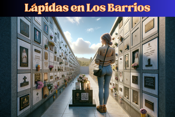 Imagen horizontal hiperrealista de una joven de entre 25 y 35 años mirando una lápida en una pared de nichos. La lápida presenta un pequeño código QR y una fotografía de un familiar fallecido. El escenario es el cementerio de Los Barrios, Cádiz. La mujer está de pie solemnemente, reflexionando sobre la pérdida. La pared de nichos está bien mantenida, con flores y homenajes colocados alrededor. El ambiente es tranquilo y respetuoso, bajo un cielo azul claro con algunas nubes esponjosas. https://www.lapidas.top/