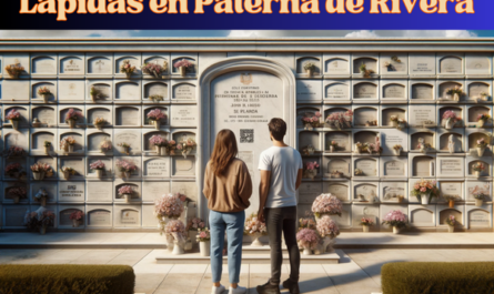 Una imagen horizontal hiperrealista de una pareja joven, un hombre y una mujer de unos 30 años, de pie frente a una lápida de un familiar fallecido. La lápida está emplazada en un muro de hornacinas del cementerio de Paterna de Rivera, Cádiz. La lápida presenta un pequeño código QR y una foto del familiar fallecido. La pareja mira la lápida con un sentimiento de reverencia y tristeza. El área circundante está bien mantenida, con flores y homenajes colocados cerca. La escena es tranquila, con un cielo azul claro y algunas nubes esponjosas. https://www.lapidas.top/