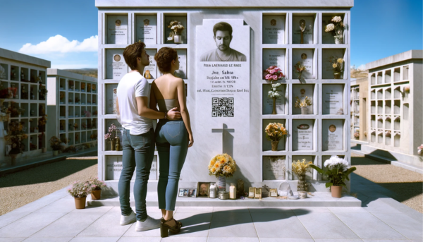 Una imagen horizontal hiperrealista de una pareja joven, un hombre y una mujer de unos 30 años, de pie frente a una lápida de un familiar fallecido. La lápida está emplazada en un muro de hornacinas del cementerio de Paterna de Rivera, Cádiz. La lápida presenta un pequeño código QR y una foto del familiar fallecido. La pareja mira la lápida con un sentimiento de reverencia y tristeza. El área circundante está bien mantenida, con flores y homenajes colocados cerca. La escena es tranquila, con un cielo azul claro y algunas nubes esponjosas. https://www.lapidas.top/