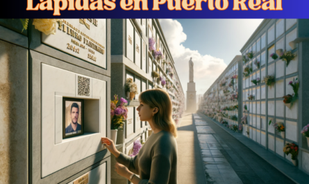 Imagen horizontal hiperrealista de una mujer joven, de entre 25 y 45 años, mirando una lápida en un muro de hornacinas del cementerio de Puerto Real, Cádiz. La lápida presenta un pequeño código QR y una fotografía de un familiar fallecido. La mujer está de pie solemnemente, reflexionando sobre la lápida. El cementerio tiene un ambiente tranquilo y respetuoso, con paredes bien mantenidas y algunas flores alrededor. El entorno bajo el cielo azul claro con algunas nubes captura el ambiente sereno y sombrío del momento. https://www.lapidas.top/