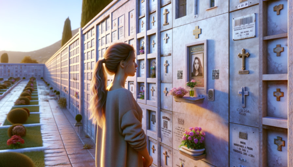 Imagen horizontal hiperrealista de una mujer joven, de entre 25 y 45 años, mirando una lápida en un muro de hornacinas del cementerio de Puerto Real, Cádiz. La lápida presenta un pequeño código QR y una fotografía de un familiar fallecido. La mujer está de pie solemnemente, reflexionando sobre la lápida. El cementerio tiene un ambiente tranquilo y respetuoso, con paredes bien mantenidas y algunas flores alrededor. El entorno bajo el cielo azul claro con algunas nubes captura el ambiente sereno y sombrío del momento. https://www.lapidas.top/