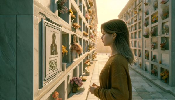 Imagen horizontal hiperrealista de una joven de unos treinta años mirando una lápida en una pared de hornacinas del cementerio de Rota, Cádiz. La lápida presenta un pequeño código QR y una fotografía con la silueta de un familiar fallecido. La mujer tiene una expresión contemplativa, reflexionando sobre su pérdida. La pared de nichos está bien mantenida, con flores y otros tributos colocados alrededor. El cementerio goza de un ambiente sereno y respetuoso, con cielos despejados y la cálida luz del sol propia de Cádiz. https://www.lapidas.top/