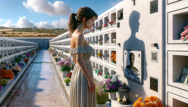 Una imagen horizontal hiperrealista de una mujer joven, de entre 25 y 45 años, mirando la lápida de un familiar fallecido. La lápida se encuentra emplazada en un muro de hornacinas del cementerio de San Pablo de Buceite, Cádiz. La lápida presenta un pequeño código QR y una foto o silueta del miembro de la familia. La mujer se muestra solemne y reflexiva mientras contempla la lápida. El cementerio es tranquilo, con muros bien mantenidos, flores y homenajes alrededor de los nichos. El ambiente es respetuoso y tranquilo, bajo un cielo azul claro con algunas nubes esponjosas. https://www.lapidas.top/