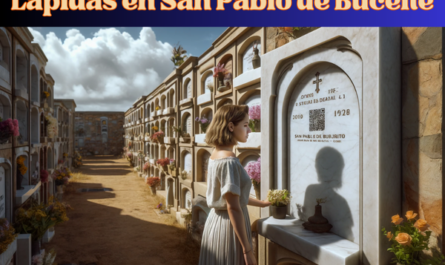 Una imagen horizontal hiperrealista de una mujer joven, de entre 25 y 45 años, mirando la lápida de un familiar fallecido. La lápida se encuentra emplazada en un muro de hornacinas del cementerio de San Pablo de Buceite, Cádiz. La lápida presenta un pequeño código QR y una foto o silueta del miembro de la familia. La mujer se muestra solemne y reflexiva mientras contempla la lápida. El cementerio es tranquilo, con muros bien mantenidos, flores y homenajes alrededor de los nichos. El ambiente es respetuoso y tranquilo, bajo un cielo azul claro con algunas nubes esponjosas. https://www.lapidas.top/