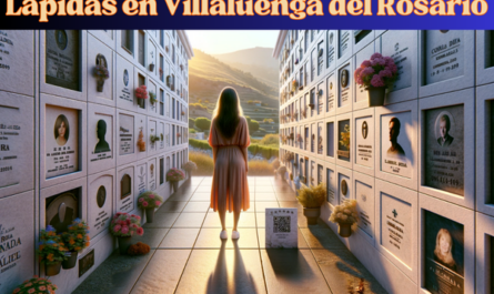 Una imagen horizontal hiperrealista de una mujer joven mirando una lápida en una pared de nichos para un familiar fallecido. La lápida tiene un pequeño código QR y una foto con la silueta o imagen del familiar. La escena sugiere que se trata del cementerio de Villaluenga del Rosario en Cádiz. El cementerio está bien mantenido, con paredes de piedra blanca y flores cuidadosamente dispuestas. La joven se muestra reflexiva y respetuosa, parada frente a la lápida. El fondo presenta la pintoresca campiña de Villaluenga del Rosario, con colinas y un cielo azul claro. https://www.lapidas.top/