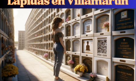 Una imagen horizontal hiperrealista de una mujer joven mirando la lápida de un familiar fallecido. La lápida está empotrada en una pared de nichos, presentando un pequeño código QR y una fotografía con la silueta o imagen del familiar. La escena sugiere que es en el cementerio de Villamartín de Cádiz. La joven, vestida con ropa informal, está de pie solemne, con expresión respetuosa y contemplativa. La pared de nichos está bien mantenida, con flores y otros homenajes alrededor. El ambiente es sereno, con un cielo azul claro y algunas nubes esponjosas. https://www.lapidas.top/