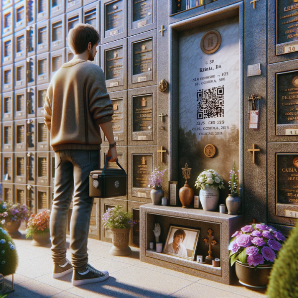 Una imagen cuadrada hiperrealista de un joven de entre 25 y 35 años mirando una lápida en un muro de osarios o columbarios. La lápida tiene un pequeño código QR y una foto de un familiar. El joven sostiene una urna funeraria con un pequeño código QR en sus manos. La escena está ambientada en el cementerio de Algeciras, Cádiz, con una decoración adecuada y un ambiente de respeto. Los alrededores son tranquilos y están bien mantenidos, con flores y otros homenajes alrededor. https://www.lapidas.top/