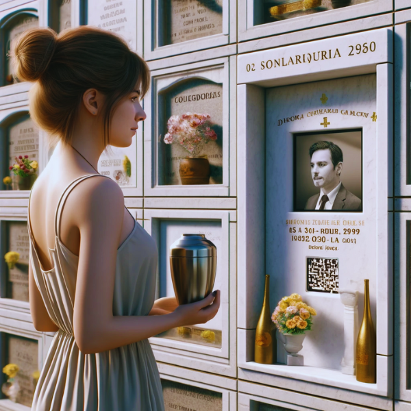 Una imagen cuadrada hiperrealista de una mujer joven de entre 25 y 35 años, de pie y mirando la lápida de un familiar fallecido. La lápida está colocada en una pared de columbarios y presenta un pequeño código QR y una foto del miembro de la familia. La joven sostiene una urna funeraria con un pequeño código QR. La escena está ambientada en el cementerio de Algodonales de Cádiz, con una decoración y un contexto adecuados que sugieren un ambiente respetuoso y solemne. https://www.lapidas.top/