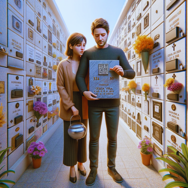 Una imagen cuadrada hiperrealista de una pareja joven, de entre 35 y 40 años, contemplando una lápida en un muro de osarios o columbarios. La lápida presenta un pequeño código QR y una fotografía de un familiar fallecido. Uno de ellos sostiene una urna funeraria con un pequeño código QR. La escena se sitúa en el cementerio de Benalup - Casas Viejas, Cádiz, con una decoración y un contexto adecuados que sugieren un ambiente respetuoso y solemne. El fondo muestra nichos y flores bien cuidados, bajo un cielo azul claro. https://www.lapidas.top/