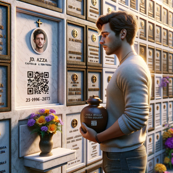 Una imagen cuadrada hiperrealista de un joven de entre 25 y 35 años mirando una lápida en una pared de nichos en un cementerio. La lápida presenta un pequeño código QR y una fotografía de un familiar fallecido. El joven sostiene una urna funeraria con un pequeño código QR. La escena está ambientada en el cementerio de Castellar de la Frontera, Cádiz, con decoraciones y contexto específicos que indican esta ubicación. El ambiente es respetuoso y sombrío, con flores y otros homenajes alrededor de la pared de nichos. https://www.lapidas.top/