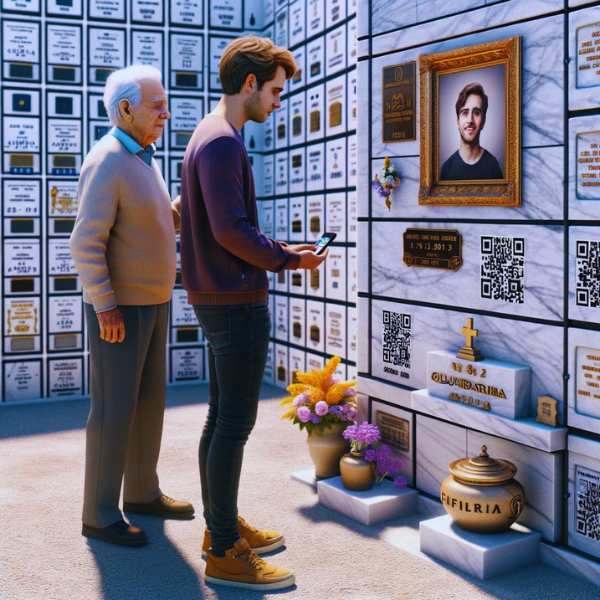 Imagen cuadrada hiperrealista de un joven, de entre 25 y 35 años, acompañando a su anciano padre, delante de una lápida empotrada en un muro de columbarios del cementerio de Chipiona, Cádiz. La lápida tiene un pequeño código QR y una foto de un familiar. El joven sostiene una urna funeraria con un pequeño código QR. La ambientación incluye detalles propios del cementerio de Chipiona, con flores y homenajes alrededor, creando un ambiente sombrío pero respetuoso. https://www.lapidas.top/