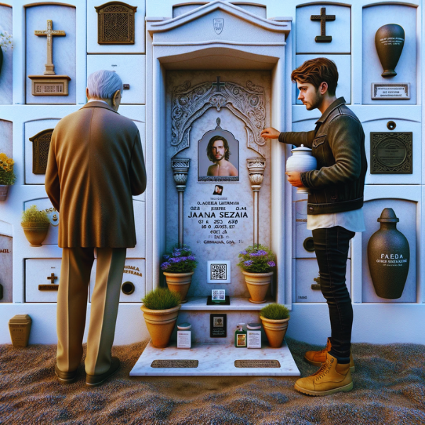 Una imagen cuadrada hiperrealista de un joven que acompaña a su padre anciano mientras miran la lápida de un familiar fallecido. La lápida está colocada en una pared de columbarios y presenta un pequeño código QR y una foto del miembro de la familia. El joven sostiene una urna funeraria con un pequeño código QR. La escena sugiere que se encuentran en el cementerio de Grazalema, Cádiz, con su decoración característica y su ambiente sereno. El padre anciano parece sombrío y reflexivo, mientras que el joven brinda apoyo, creando un momento conmovedor y respetuoso. https://www.lapidas.top/