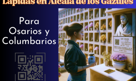 Una imagen cuadrada hiperrealista de una mujer joven, de entre 25 y 35 años, mirando la lápida de un familiar fallecido. La lápida está colocada en una pared de nichos de columbario y presenta un pequeño código QR y una foto del miembro de la familia. La joven sostiene una urna funeraria con un pequeño código QR. La escena sugiere que se encuentran en el cementerio de Alcalá de los Gazules, Cádiz, con una decoración adecuada y un ambiente de respeto. Los alrededores están bien cuidados, con flores y homenajes alrededor de los nichos. https://www.lapidas.top/