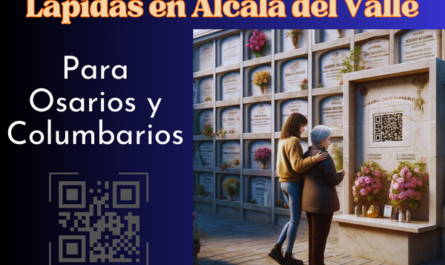 Una imagen cuadrada hiperrealista de una joven que acompaña a su anciana madre mientras contemplan una lápida en un muro de osarios o columbarios. La lápida presenta un pequeño código QR y una foto de un miembro de la familia. La joven sostiene una urna funeraria con un pequeño código QR. La escena sugiere que se encuentran en el cementerio de Alcalá del Valle de Cádiz, cuya decoración y contexto reflejan un ambiente solemne y respetuoso. La pared está bien mantenida, con flores y homenajes alrededor. https://www.lapidas.top/