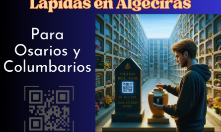 Una imagen cuadrada hiperrealista de un joven de entre 25 y 35 años mirando una lápida en un muro de osarios o columbarios. La lápida tiene un pequeño código QR y una foto de un familiar. El joven sostiene una urna funeraria con un pequeño código QR en sus manos. La escena está ambientada en el cementerio de Algeciras, Cádiz, con una decoración adecuada y un ambiente de respeto. Los alrededores son tranquilos y están bien mantenidos, con flores y otros homenajes alrededor. https://www.lapidas.top/