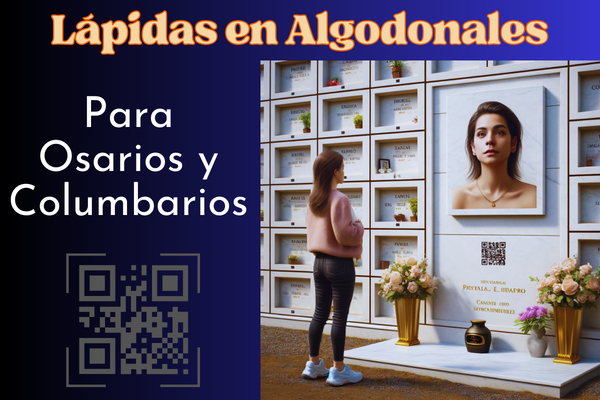 Una imagen cuadrada hiperrealista de una mujer joven de entre 25 y 35 años, de pie y mirando la lápida de un familiar fallecido. La lápida está colocada en una pared de columbarios y presenta un pequeño código QR y una foto del miembro de la familia. La joven sostiene una urna funeraria con un pequeño código QR. La escena está ambientada en el cementerio de Algodonales de Cádiz, con una decoración y un contexto adecuados que sugieren un ambiente respetuoso y solemne. https://www.lapidas.top/