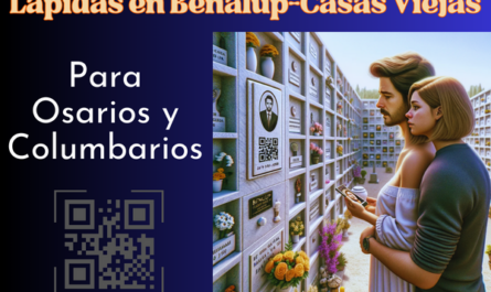 Una imagen cuadrada hiperrealista de una pareja joven, de entre 35 y 40 años, contemplando una lápida en un muro de osarios o columbarios. La lápida presenta un pequeño código QR y una fotografía de un familiar fallecido. Uno de ellos sostiene una urna funeraria con un pequeño código QR. La escena se sitúa en el cementerio de Benalup - Casas Viejas, Cádiz, con una decoración y un contexto adecuados que sugieren un ambiente respetuoso y solemne. El fondo muestra nichos y flores bien cuidados, bajo un cielo azul claro. https://www.lapidas.top/