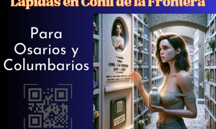 Una imagen cuadrada hiperrealista de una mujer joven, de entre 25 y 35 años, mirando la lápida de un familiar fallecido. La lápida está colocada en una pared de osarios o columbarios, y presenta un pequeño código QR y una foto del miembro de la familia. La joven sostiene una urna funeraria con un pequeño código QR. La escena sugiere que se encuentran en el cementerio de Conil de la Frontera, Cádiz, con la decoración y el contexto adecuados. El ambiente es respetuoso y sereno. https://www.lapidas.top/