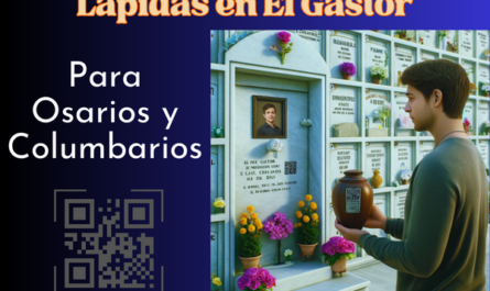 Una imagen cuadrada hiperrealista de un joven, de entre 25 y 35 años, mirando la lápida de un familiar fallecido. La lápida está colocada en una pared de nichos de columbario y presenta un pequeño código QR y una foto del miembro de la familia. El joven sostiene una urna funeraria con un pequeño código QR. La escena está decorada para sugerir que se encuentran en el cementerio de El Gastor de Cádiz, con nichos bien cuidados, flores y un ambiente sereno. https://www.lapidas.top/