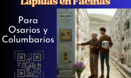 Una imagen cuadrada hiperrealista que muestra a un joven (de entre 25 y 35 años) acompañando a su anciano padre mientras miran una lápida en una pared de columbarios en el cementerio de Facinas, Cádiz. La lápida tiene un pequeño código QR y una foto de un familiar fallecido. El joven sostiene en sus manos una urna funeraria con un pequeño código QR. El entorno es sereno, con paredes bien mantenidas y flores alrededor, lo que refleja una atmósfera de respeto y paz. https://www.lapidas.top/