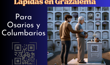 Una imagen cuadrada hiperrealista de un joven que acompaña a su padre anciano mientras miran la lápida de un familiar fallecido. La lápida está colocada en una pared de columbarios y presenta un pequeño código QR y una foto del miembro de la familia. El joven sostiene una urna funeraria con un pequeño código QR. La escena sugiere que se encuentran en el cementerio de Grazalema, Cádiz, con su decoración característica y su ambiente sereno. El padre anciano parece sombrío y reflexivo, mientras que el joven brinda apoyo, creando un momento conmovedor y respetuoso. https://www.lapidas.top/