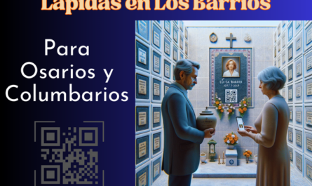 Una imagen cuadrada hiperrealista de una pareja madura, de entre 55 y 60 años, mirando la lápida de un familiar fallecido. La lápida está colocada en una pared de osarios o columbarios y presenta un pequeño código QR y una foto del miembro de la familia. El marido sostiene una urna funeraria con un pequeño código QR. La escena está ambientada en el cementerio de Los Barrios, Cádiz, con una decoración y contexto adecuados, transmitiendo una atmósfera sombría y respetuosa. https://www.lapidas.top/