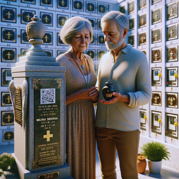 Una imagen cuadrada hiperrealista de una pareja madura de entre 55 y 60 años, de pie frente a una lápida en una pared de columbarios. Están mirando la lápida, que presenta un pequeño código QR y una foto de un familiar fallecido. Uno de ellos sostiene una urna funeraria con un pequeño código QR. La escena está ambientada en el cementerio de Medina Sidonia, Cádiz, con su decoración y entorno característicos. El ambiente es respetuoso y sombrío, reflejando su visita para presentar sus respetos a su ser querido. https://www.lapidas.top/