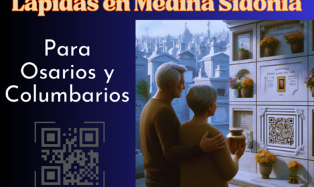 Una imagen cuadrada hiperrealista de una pareja madura de entre 55 y 60 años, de pie frente a una lápida en una pared de columbarios. Están mirando la lápida, que presenta un pequeño código QR y una foto de un familiar fallecido. Uno de ellos sostiene una urna funeraria con un pequeño código QR. La escena está ambientada en el cementerio de Medina Sidonia, Cádiz, con su decoración y entorno característicos. El ambiente es respetuoso y sombrío, reflejando su visita para presentar sus respetos a su ser querido. https://www.lapidas.top/