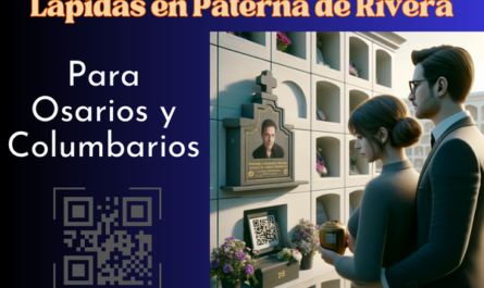 Una imagen cuadrada hiperrealista de una pareja joven, de entre 35 y 40 años, mirando la lápida de un familiar fallecido. La lápida está colocada en una pared de nichos y presenta un pequeño código QR y una foto del miembro de la familia. Uno de ellos sostiene una urna funeraria con un pequeño código QR. La escena está decorada para sugerir que se encuentran en el cementerio de Paterna de Rivera, Cádiz. La pareja aparece solemne y respetuosa, rodeada de nichos bien cuidados con flores y homenajes. El ambiente es sereno y contemplativo. https://www.lapidas.top/