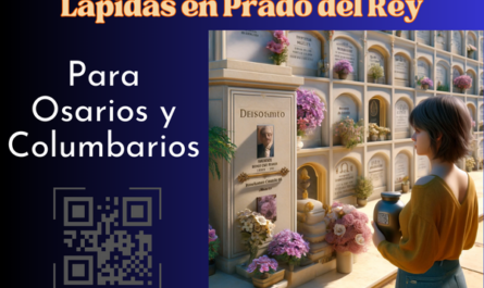 Imagen cuadrada hiperrealista de una joven de entre 25 y 35 años mirando una lápida en un muro de columbarios del cementerio de Prado del Rey de Cádiz. La lápida presenta un pequeño código QR y una fotografía de un familiar fallecido. La joven sostiene una urna funeraria con un pequeño código QR. La escena se desarrolla en un cementerio bien mantenido con decoraciones florales y una atmósfera respetuosa. https://www.lapidas.top/