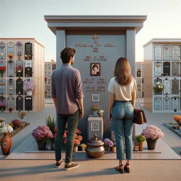 Una imagen cuadrada hiperrealista de una pareja joven de entre 35 y 40 años, de pie frente a la lápida de un familiar fallecido. La lápida está colocada en una pared de columbarios y presenta un pequeño código QR y una foto del miembro de la familia. La pareja mira solemnemente la lápida y uno de ellos sostiene una urna funeraria con un pequeño código QR. El escenario es el cementerio de Puerto Real, Cádiz, con muros bien cuidados y un ambiente de respeto. La escena es tranquila y reflexiva, con el cielo despejado. https://www.lapidas.top/