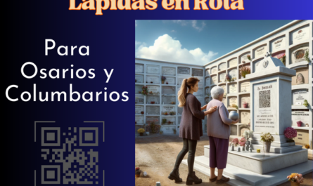 Una imagen cuadrada hiperrealista de una joven que acompaña a su anciana madre, ambas mirando una lápida en un muro de osarios o columbarios. La lápida presenta un pequeño código QR y una fotografía de un familiar fallecido. La joven sostiene una urna funeraria con un pequeño código QR. La escena se desarrolla en el cementerio de Rota, Cádiz, en un ambiente respetuoso y solemne. La pared circundante está bien mantenida con flores y otros tributos alrededor, bajo un cielo azul claro con algunas nubes esponjosas. https://www.lapidas.top/